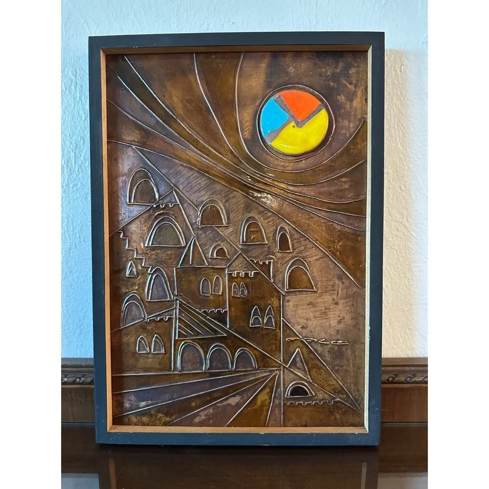 Mid Century Israeli Modern Enamel Copper‎ Wall Art Hanging Artist 15'' x 10''